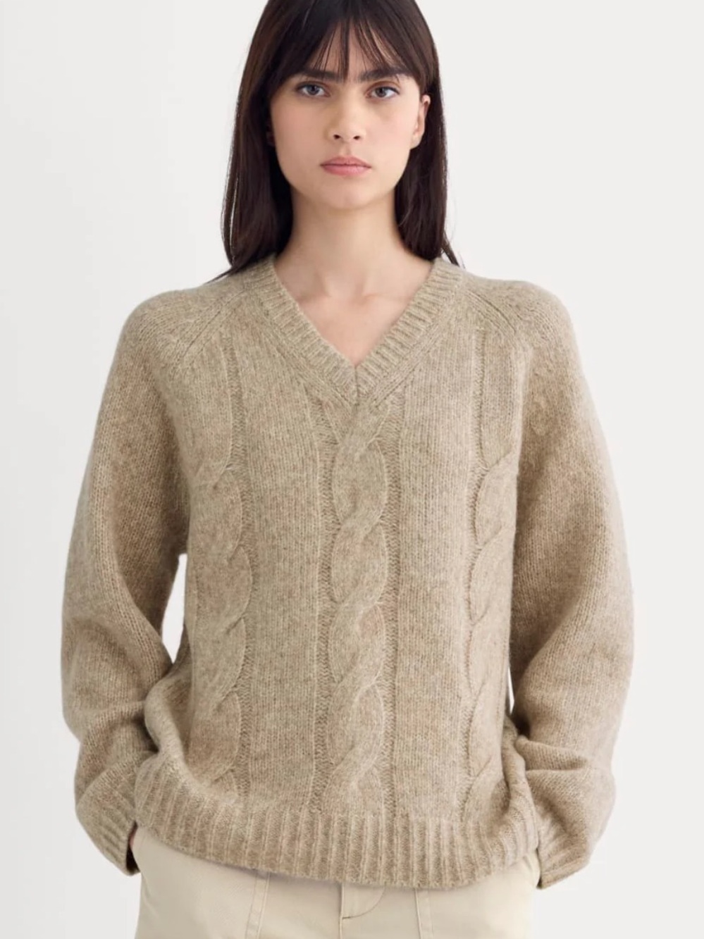 Everlane Beige Cable-Knit V-Neck Sweater